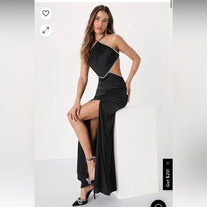 Sparkly Stunner Black Satin Rhinestone Halter Lace-Up Maxi Dress